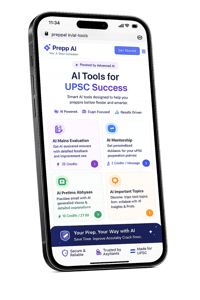 Prepp AI app preview on a phone, showing AI Tools for UPSC Success including AI Mains Evaluation, AI Mentorship, AI Prelims Abhyaas and AI Important Topics